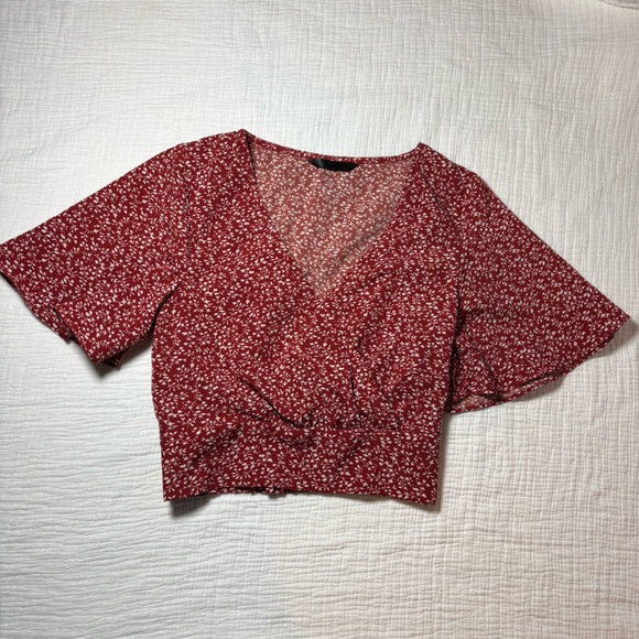 SHEIN Tops - SHEIN Burgundy Floral V-Neck Blouse